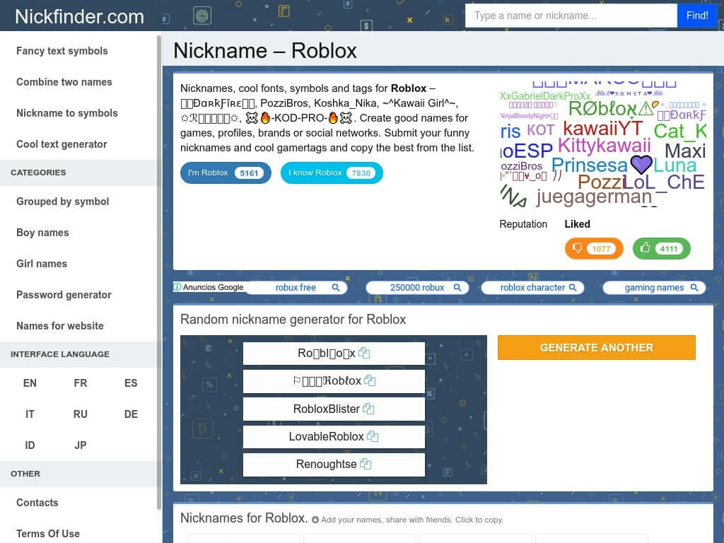 cool nicknames for roblox