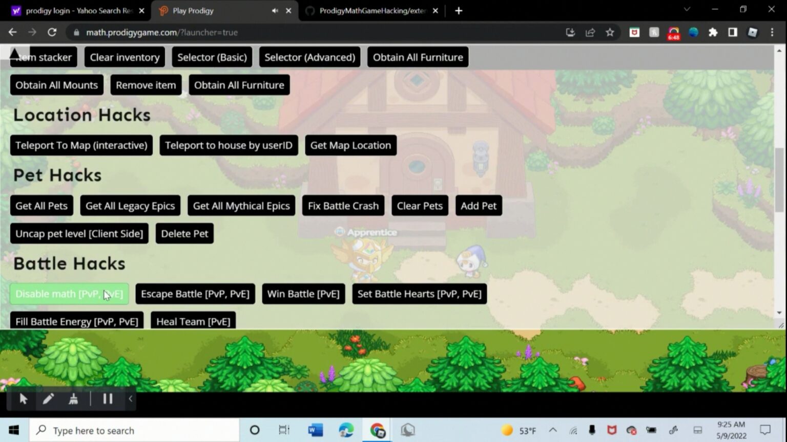 prodigy math game hacking extension